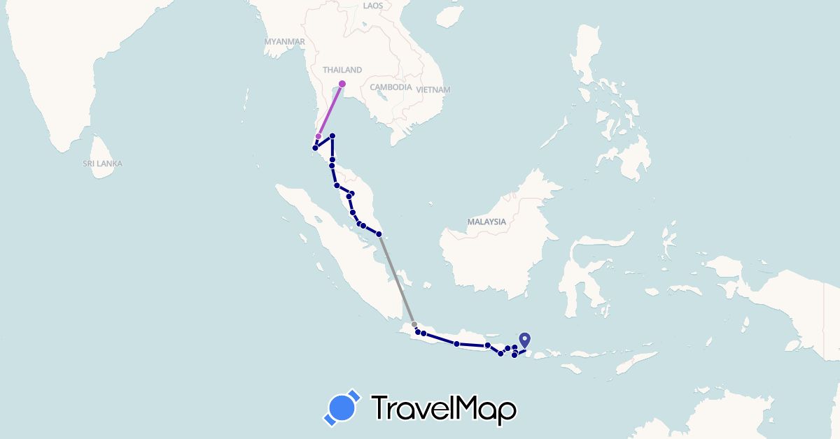 TravelMap itinerary: driving, plane, train in Indonesia, Malaysia, Singapore, Thailand (Asia)